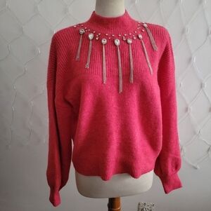 Calligraphie Mock Neck Sweater • Pink Heather • Jeweled Accents • Size X-Large